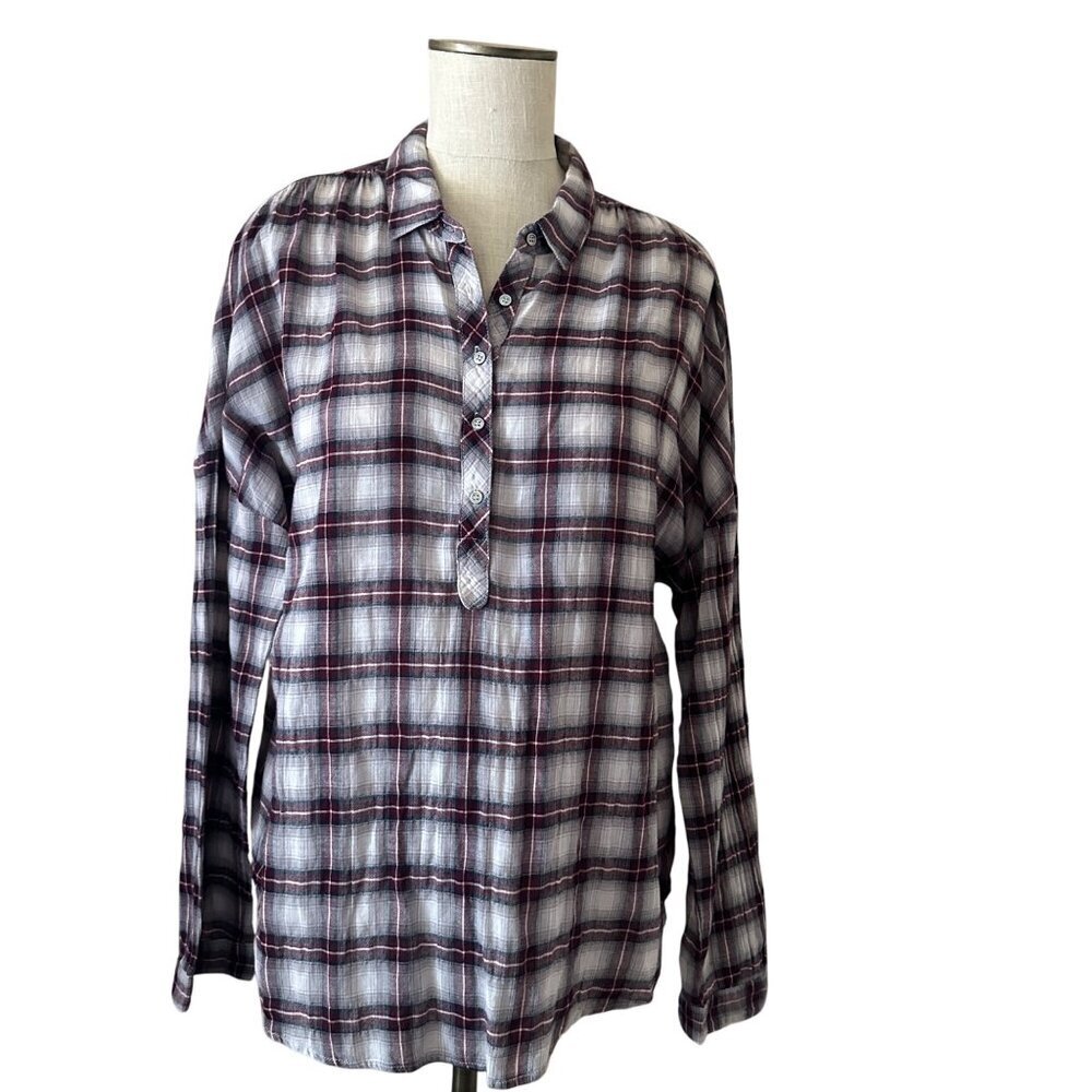 Xirena Plaid Collared Cotton Half Button Tunic To… - image 1